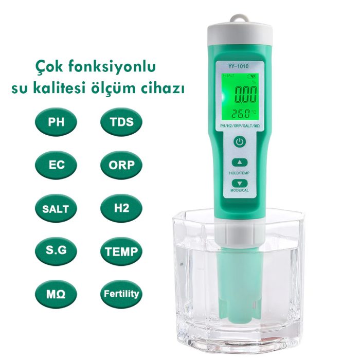 Yieryi 10'u 1 Arada Su Kalitesi Test Cihazı pH/TDS/EC/Tuzluluk/Sıcaklık/S.G/ORP/H2/Verimlilik/Direnç Ölçer